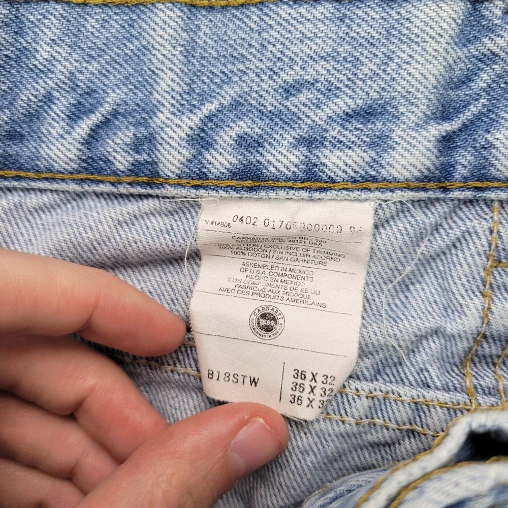 Carhartt Denim Shorts Mens 36 Light Wash Blue B18STW Raw Hem Distressed Cut Offs